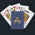Navy Blue Gold Modern Script Girly Monogram Name Playing Cards<br><div class="desc">Navy Blue and Gold Simple Script Monogram Name Playing Cards. This makes the perfect sweet 16 birthday,  wedding,  bridal shower,  anniversary,  baby shower or bachelorette party gift for someone that loves glam luxury and chic styles.</div>