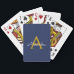 Navy Blue Gold Modern Script Girly Monogram Name Playing Cards<br><div class="desc">Navy Blue and Gold Simple Script Monogram Name Playing Cards. This makes the perfect sweet 16 birthday,  wedding,  bridal shower,  anniversary,  baby shower or bachelorette party gift for someone that loves glam luxury and chic styles.</div>