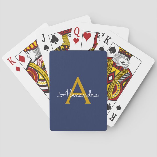 Navy Blue Gold Modern Script Girly Monogram Name Playing Cards (Back)
