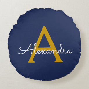 Navy Blue Gold Modern Script Girly Monogram Name Round Cushion