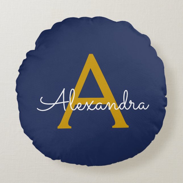 Navy Blue Gold Modern Script Girly Monogram Name Round Cushion (Front)