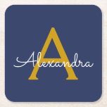 Navy Blue Gold Modern Script Girly Monogram Name Square Paper Coaster<br><div class="desc">Navy Blue and Gold Simple Script Monogram Name Paper Coasters. This makes the perfect graduation,  birthday,  wedding,  bridal shower,  anniversary,  baby shower or bachelorette party gift for someone that loves glam luxury and chic styles.</div>
