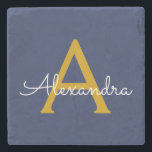 Navy Blue Gold Modern Script Girly Monogram Name Stone Coaster<br><div class="desc">Navy Blue and Gold Simple Script Monogram Name Stone Tile. This makes the perfect graduation,  sweet 16 birthday,  wedding,  bridal shower,  anniversary,  baby shower or bachelorette party gift for someone that loves glam luxury and chic styles.</div>