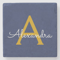 Navy Blue Gold Modern Script Girly Monogram Name