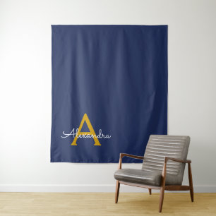 Navy Blue Gold Modern Script Girly Monogram Name Tapestry