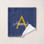 Navy Blue Gold Modern Script Girly Monogram Name Wash Cloth<br><div class="desc">Navy Blue and Gold Simple Script Monogram Name Spiral Notebook Planner. This makes the perfect sweet 16 birthday,  wedding,  bridal shower,  anniversary,  baby shower or bachelorette party gift for someone that loves glam luxury and chic styles.</div>