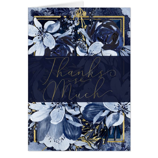 Navy Blue Gold Modern Watercolor Floral Thank You (Front)