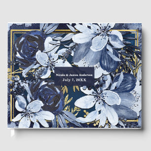 Navy Blue & Gold Modern Watercolor Floral Wedding Guest Book