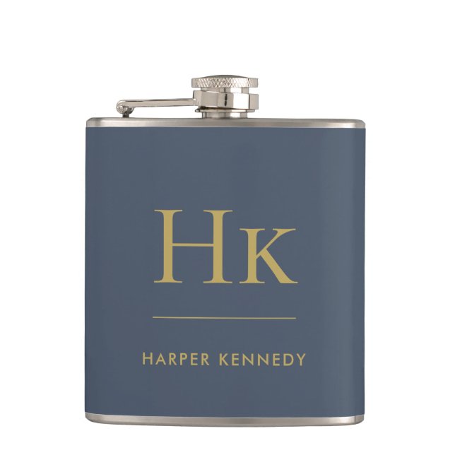 Navy Blue Gold Monogram Elegant Personalised  Hip Flask (Front)