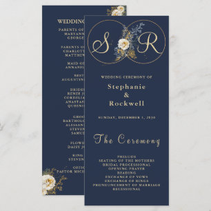 Navy Blue Gold Monogram Floral Wedding Program