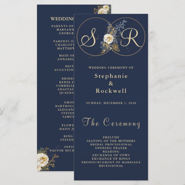 Navy Blue Gold Monogram Floral Wedding Program  (Front/Back)