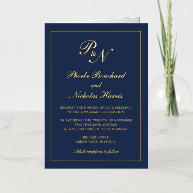 Navy Blue Gold Monogram Formal Wedding Invitation (Front)