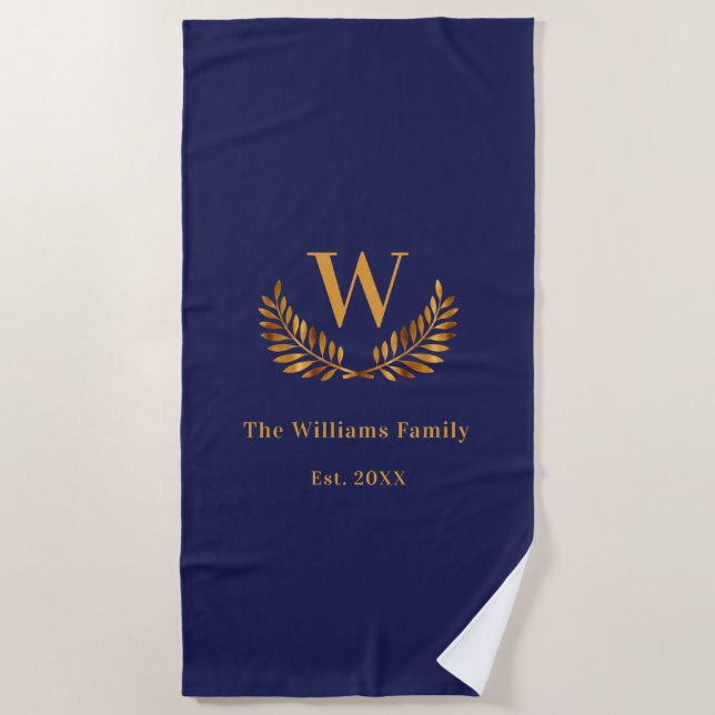 Navy blue gold monogram initial laurel wreath beach towel (Front)