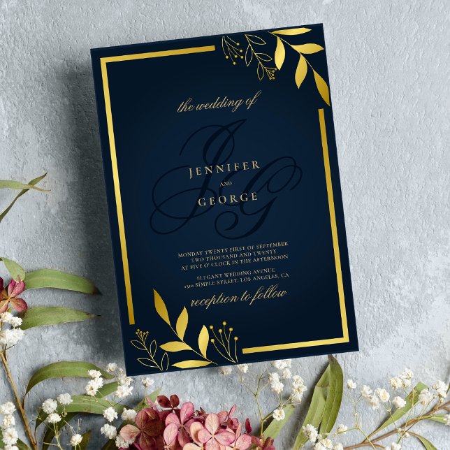 Navy blue gold monogram initials floral wedding  invitation (Navy blue gold monogram initials floral wedding )