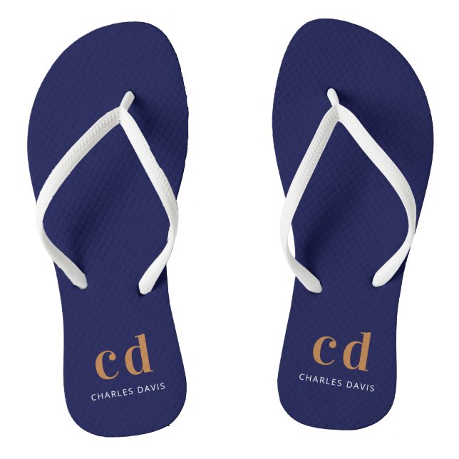 Navy blue gold monogram initials name  jandals (Footbed)