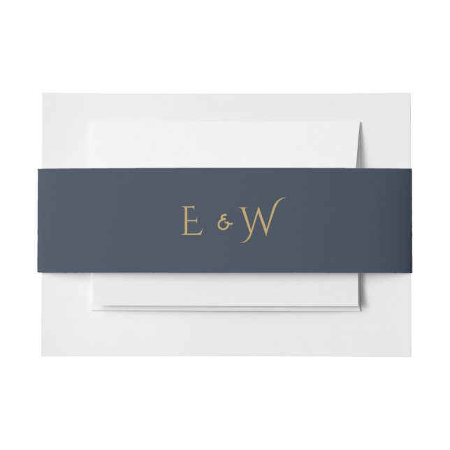 Navy Blue Gold Monogram Initials Simple Invitation Belly Band (Front Example)