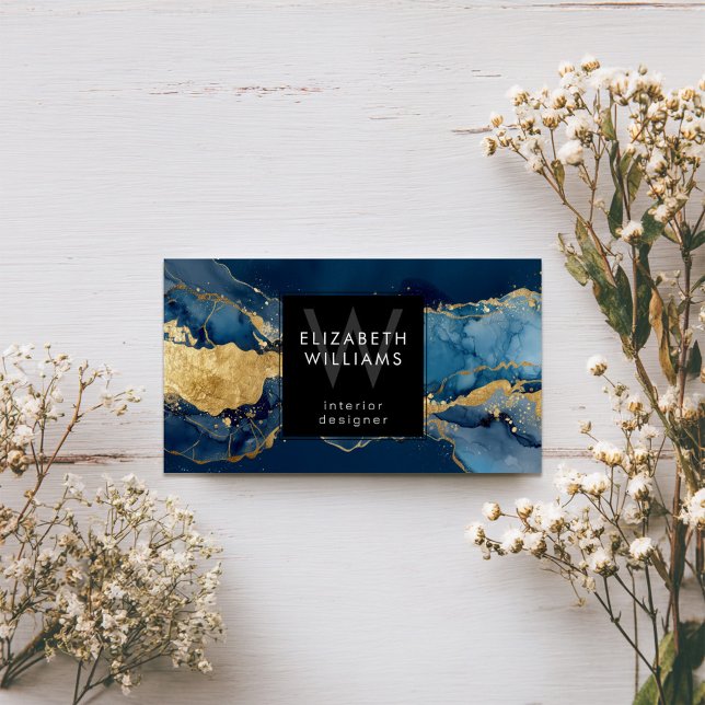 Navy Blue Gold Monogram Modern Business Card (Creator Uploaded)