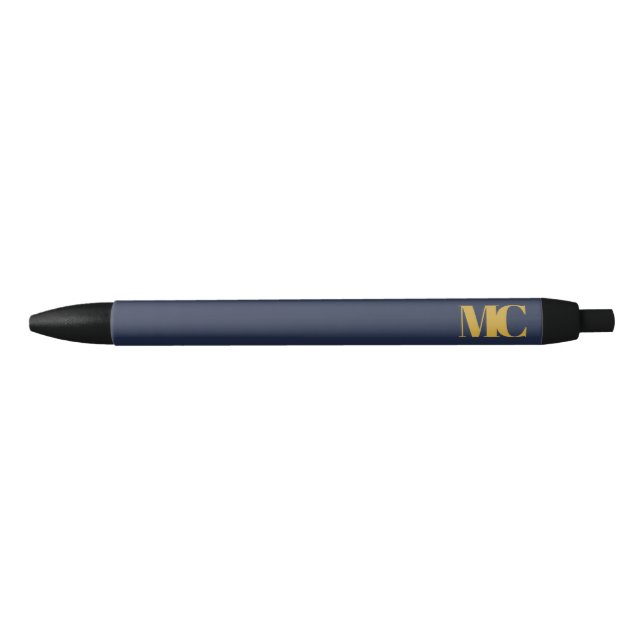 Navy Blue Gold Monogram Monogrammed Elegant Modern Black Ink Pen (Front)
