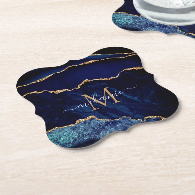 Navy Blue Gold Monogram Name Paper Coaster (Angled)