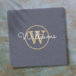 Navy Blue Gold Monogram Script Name Stone Coaster<br><div class="desc">Classic navy blue and gold monogram coaster. You can personalise the name,  monogram and customise the font and colours to create your own unique design. Designed by Thisisnotme©</div>