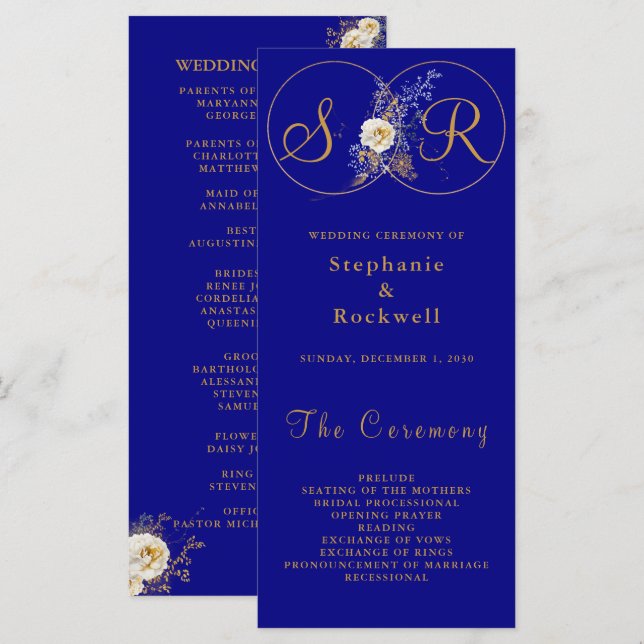 Navy Blue Gold Monogram Wedding Program  (Front/Back)