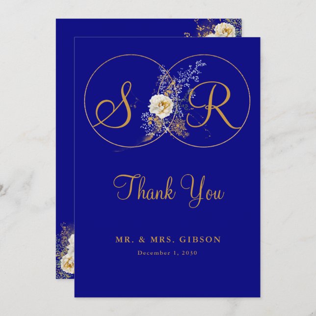 Navy Blue Gold Monogram Wedding Thank You Card (Front/Back)