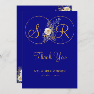 Navy Blue Gold Monogram Wedding Thank You Card