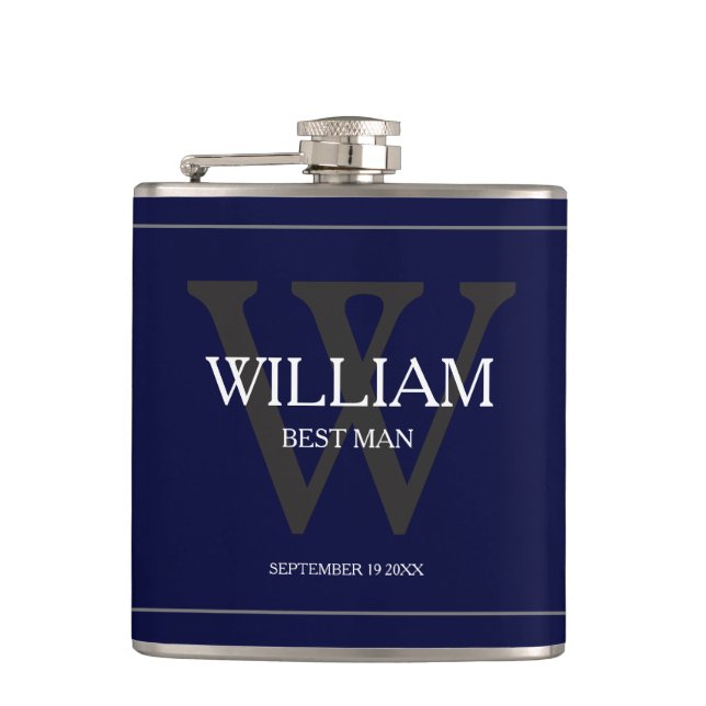 Navy Blue Gold Monogram White Name Best Man Gift  Hip Flask (Front)