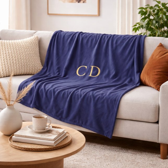 Navy blue gold monogrammed initials luxury fleece blanket (Creator Uploaded)