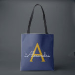 Navy Blue Gold Name Girly Script Monogram Modern Tote Bag<br><div class="desc">Navy Blue and Gold Elegant Add Your Own Name Monogram Book Bag. This Book Bag can be customised to include your initial and first name and given as a gift for Christmas,  Sweet 16 Birthday,  Bridal Shower or a Wedding.</div>