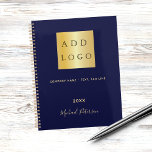 Navy blue gold name script business logo 2024 planner<br><div class="desc">A stylish,  classic navy blue background.  Personalise and add your business,  company logo,  a text,  year and personal name.  Golden letters.  If you want it without text,  use your back-space key to delete.
Add your own website address on the back.</div>