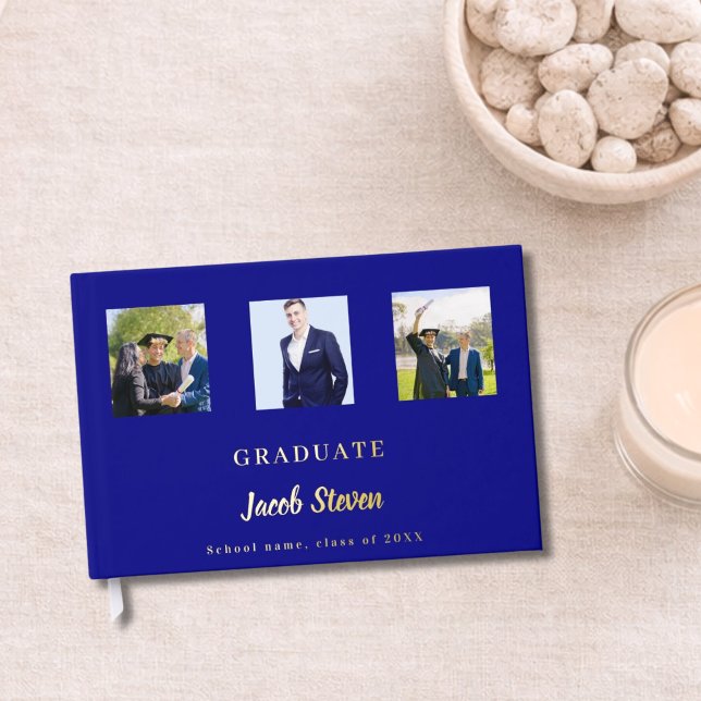 Navy blue gold name script photo Graduation Guest Book (Creator Uploaded)