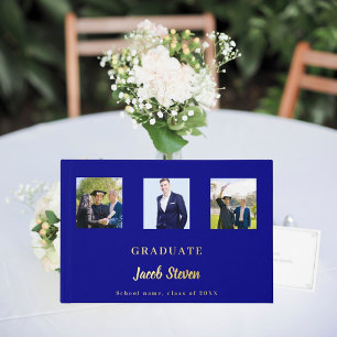 Navy blue gold name script photo Graduation Guest Book
