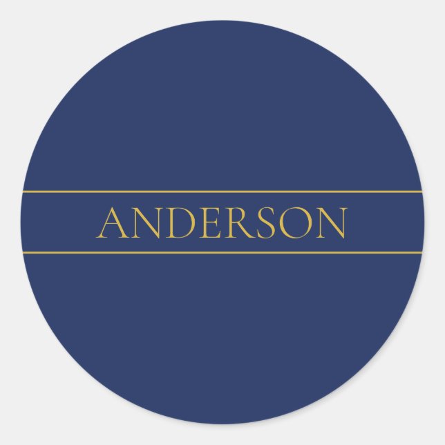 Navy Blue & Gold Name Surname or Business  Classic Round Sticker (Front)