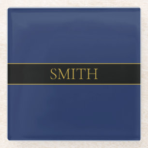 Navy Blue & Gold Name Surname or Business Glass Coaster
