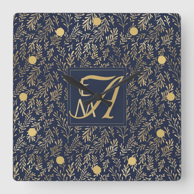 Navy Blue Gold Newly Weds Wedding Monogram Decor Square Wall Clock (Front)