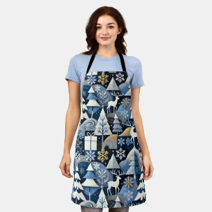 Navy Blue Gold Nordic Christmas Forest Pattern Apron