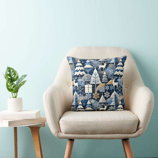 Navy Blue Gold Nordic Christmas Forest Pattern Cushion (Chair)