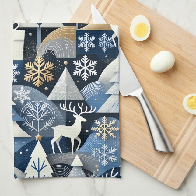 Navy Blue Gold Nordic Christmas Forest Pattern Tea Towel (Quarter Fold)