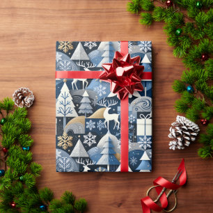 Navy Blue Gold Nordic Christmas Forest Pattern Wrapping Paper