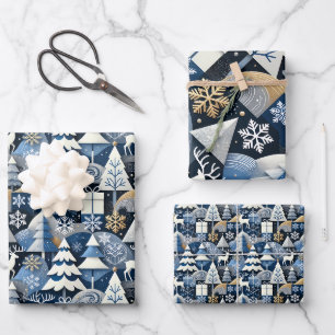 Navy Blue Gold Nordic Christmas Forest Pattern Wrapping Paper Sheet