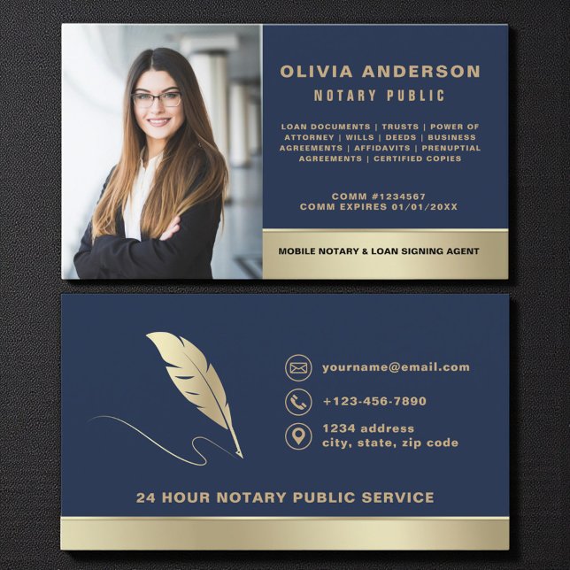 Navy Blue Gold Notary Public Signing Agent Photo Business Card (Creator Uploaded)