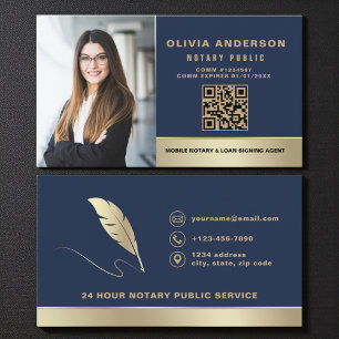 Navy Blue Gold Notary Signing Agent QR Code Photo Business Card