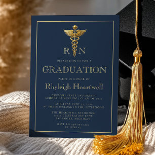 Navy Blue Gold Nurse RN Graduation Party Invitation
