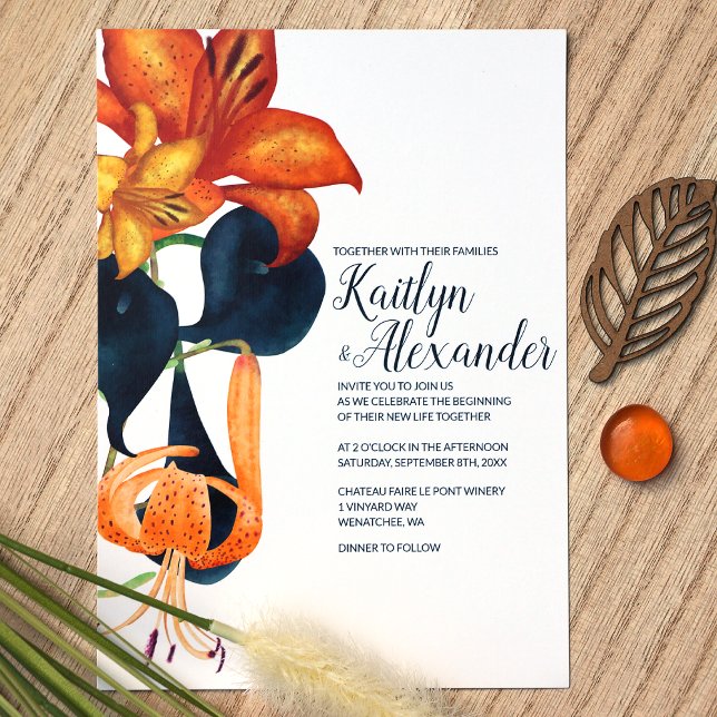 Navy Blue, Gold, Orange Tiger Lilies Wedding Invitation (Orange Blue Fall Flowers Wedding Invitations, Gold and Orange Tiger Lilies, Blue Calla Lilies)