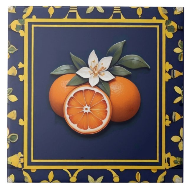 Navy Blue & Gold Oranges Mediterranean Fruit Tile (Front)