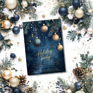 Navy Blue Gold Ornaments Baubles Christmas Holiday Invitation