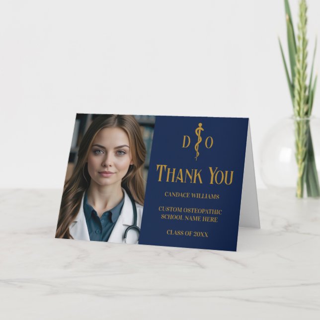 Navy Blue Gold Osteopathic Graduation Photo Thank You Card (Front)