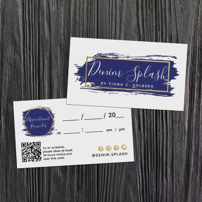 Navy Blue & Gold Paint Stroke Client Appointment Business Card (Creator Uploaded)