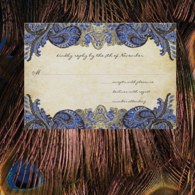 Navy Blue Gold Paisley Peacock Colours Wedding RSV RSVP Card (Creator Uploaded)
